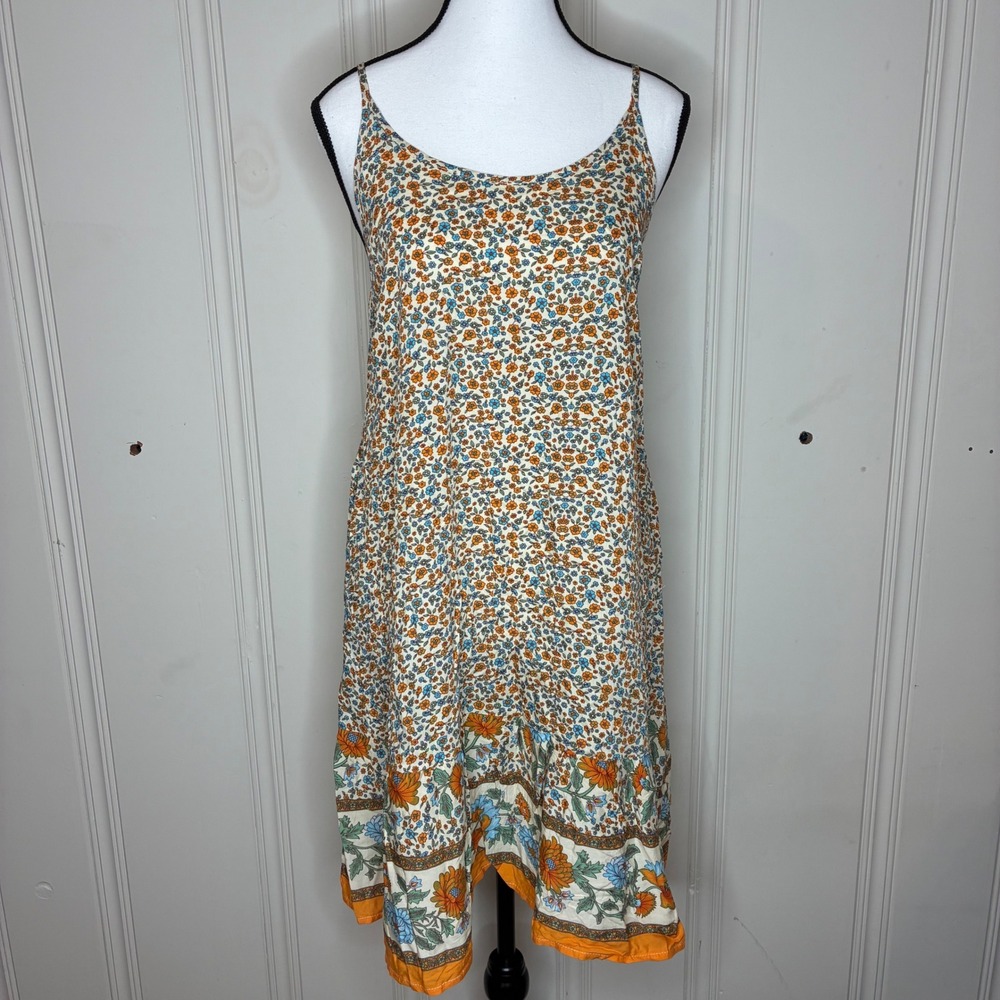 Qearal Women Floral Boho Sundress Orange Blue Adjustable Straps Size Medium